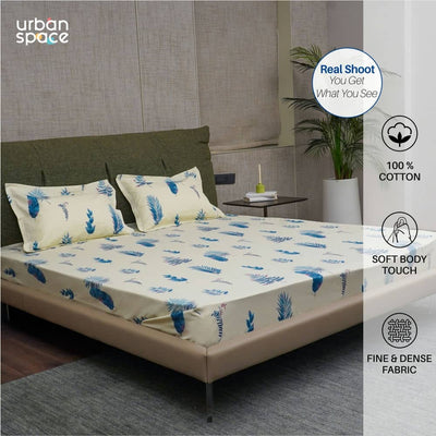 Serene Collection - Breathable 200 TC 100% Pure Cotton Single Bedsheet with Pillow Cover, Fall Leaves - Milk White