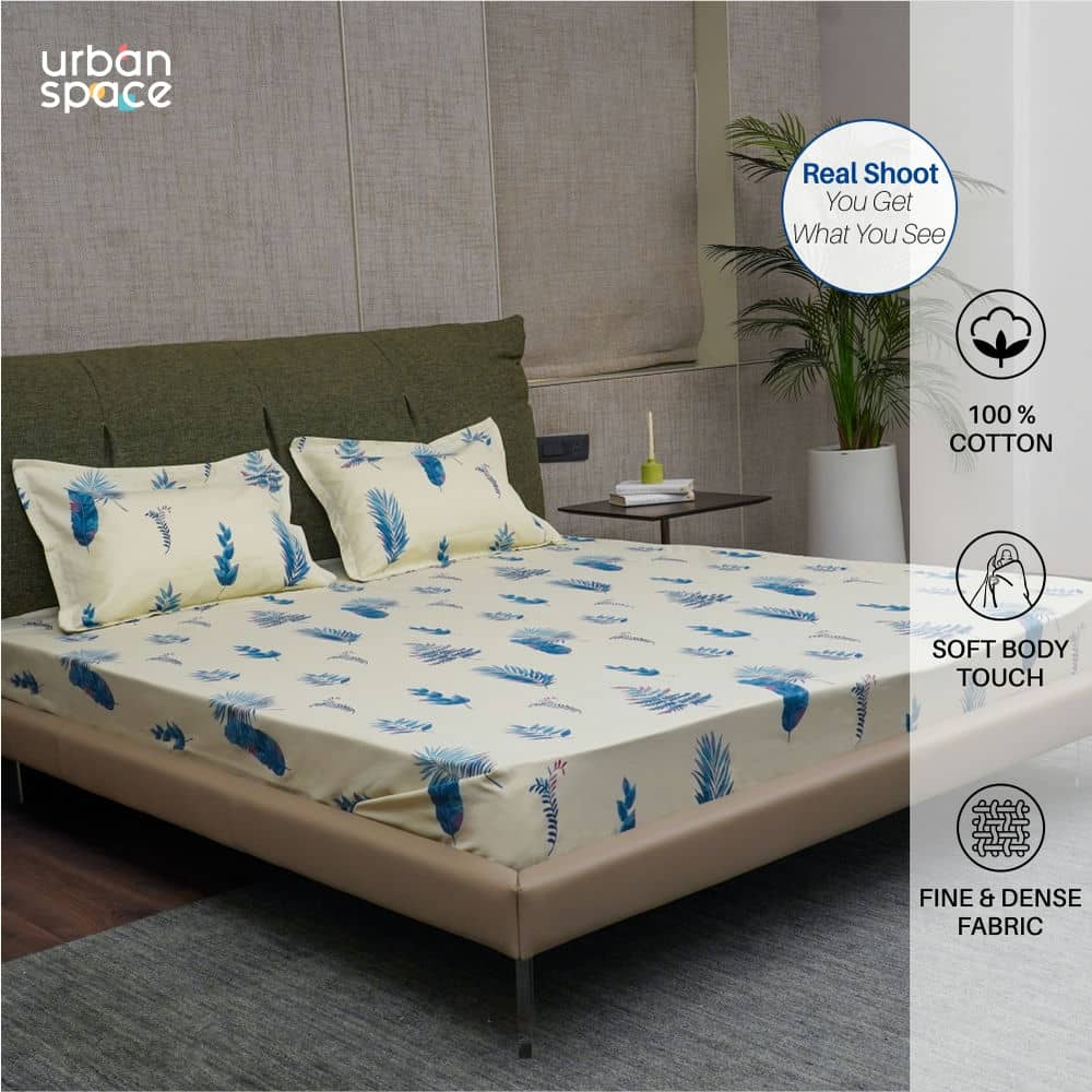 Serene Collection - Breathable 200 TC 100% Pure Cotton Single Bedsheet with Pillow Cover, Fall Leaves - Milk White