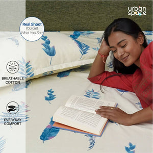 Serene Collection - Breathable 200 TC 100% Pure Cotton Single Bedsheet with Pillow Cover, Fall Leaves - Milk White
