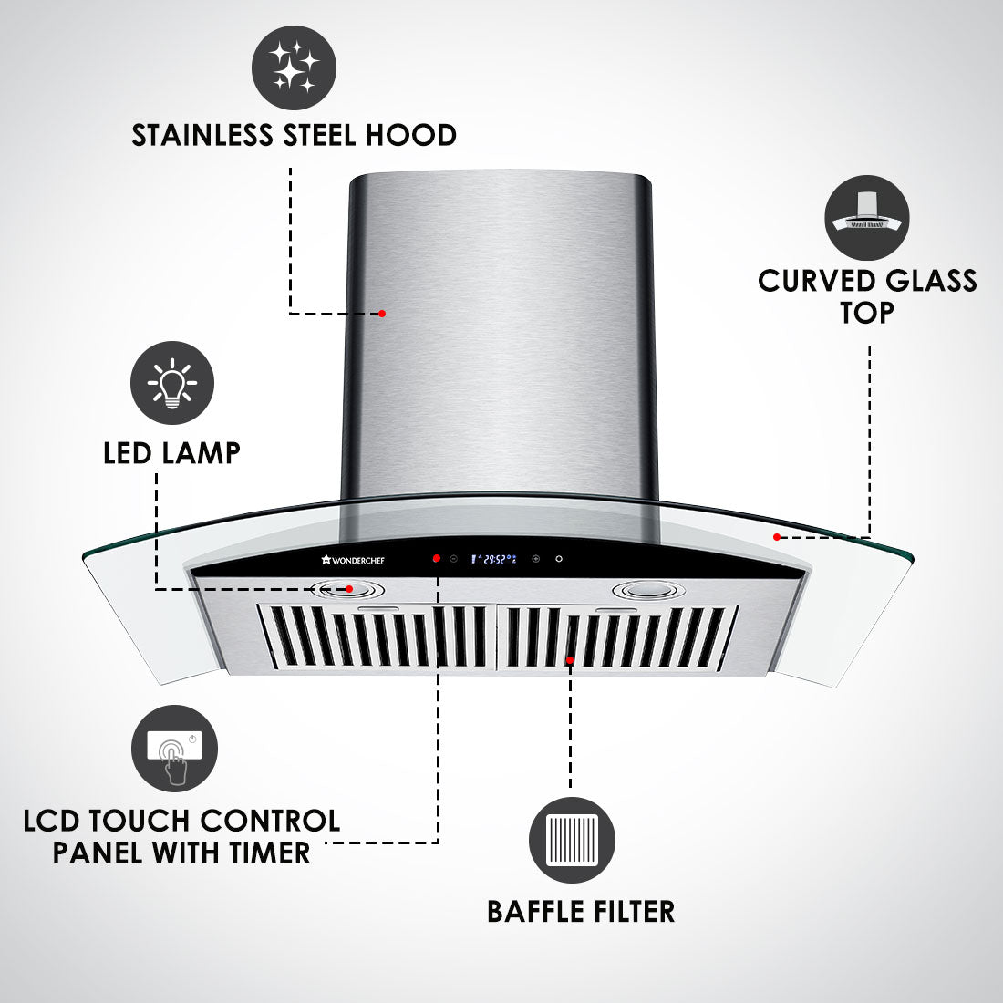 Napoli Curve Glass Chimney 60cm/1250m3/h