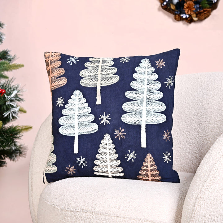 Festive Forest Dark Blue Embroidered Cushion Cover 40x40cm