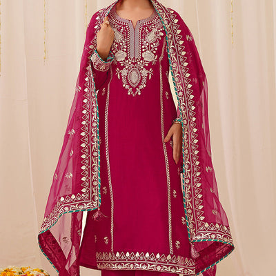 Pink Silk Blend Solid Yoke Design Straight Palazzo Suit Set PKSKD2490