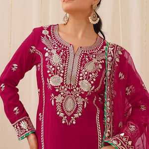 Pink Silk Blend Solid Yoke Design Straight Palazzo Suit Set PKSKD2490