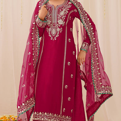 Pink Silk Blend Solid Yoke Design Straight Palazzo Suit Set PKSKD2490