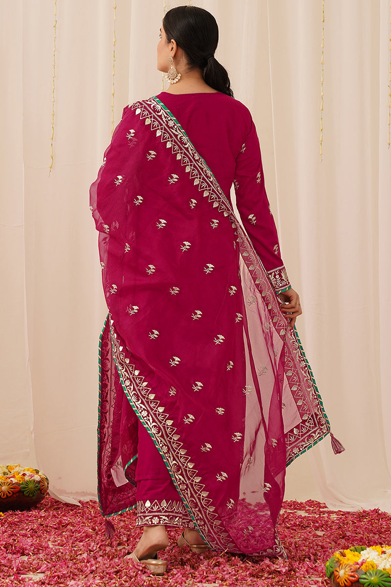 Pink Silk Blend Solid Yoke Design Straight Palazzo Suit Set PKSKD2490