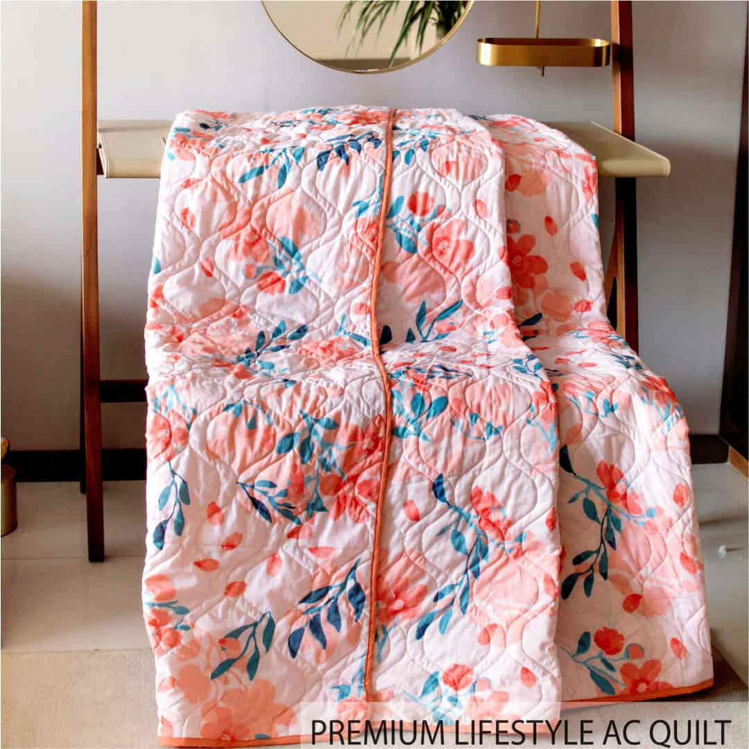 100% Malmal Cotton Blanket, Dohar, Quilt for AC and Light Winters - Peach Floral 1