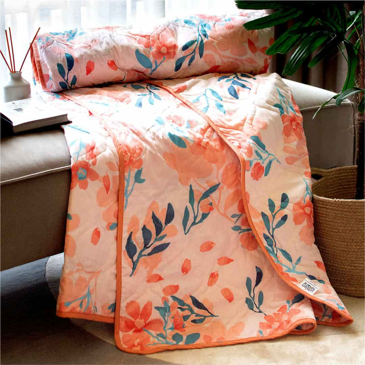 100% Malmal Cotton Blanket, Dohar, Quilt for AC and Light Winters - Peach Floral 1