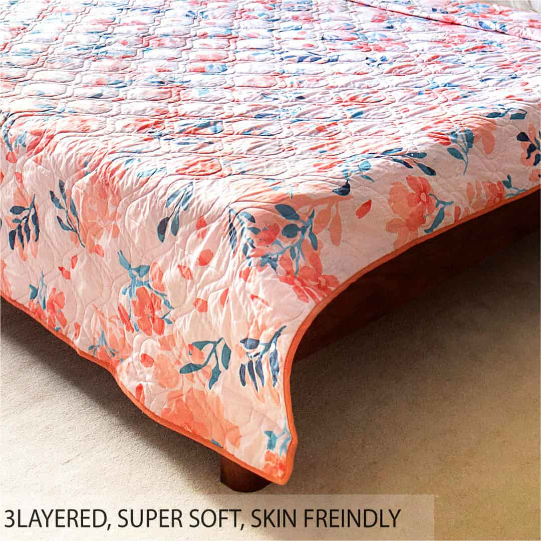 100% Malmal Cotton Blanket, Dohar, Quilt for AC and Light Winters - Peach Floral 1