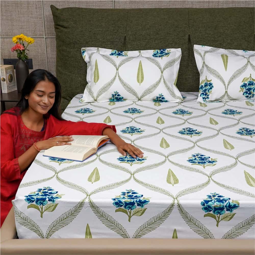 Serene Collection - Breathable 200 TC 100% Pure Cotton Single Bedsheet with Pillow Cover, Floral Moroccan - Blue