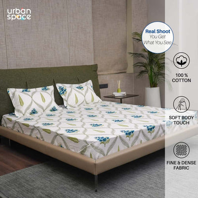Serene Collection - Breathable 200 TC 100% Pure Cotton Bedsheet with Pillow Cover, Floral Moroccan - Blue