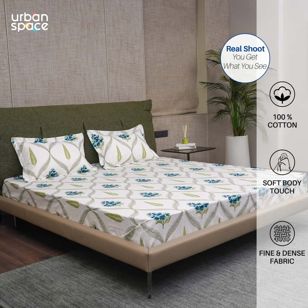 Fitted King Size Cotton Bedsheet - Floral Moroccan - Blue
