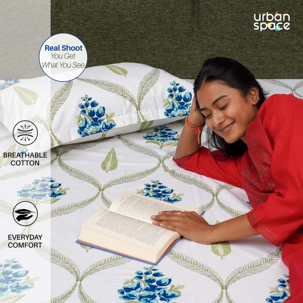 Fitted King Size Cotton Bedsheet - Floral Moroccan - Blue