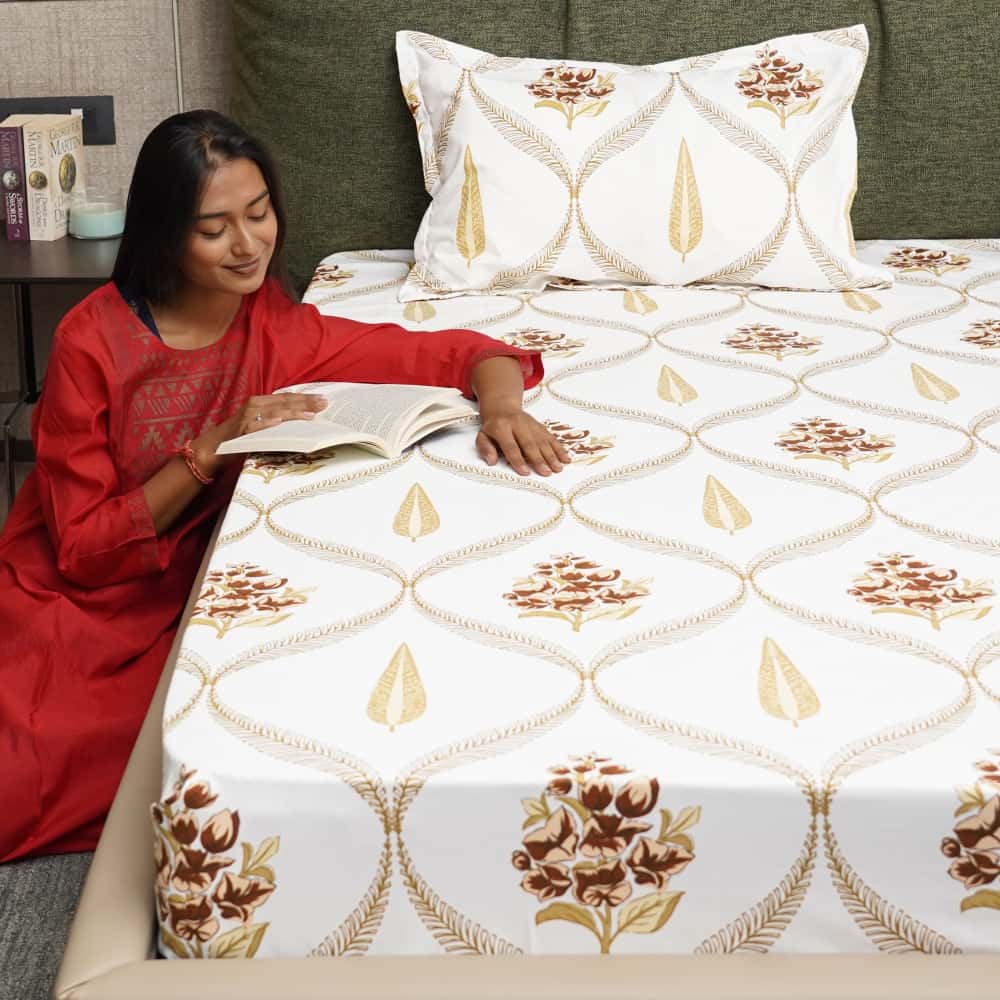 Fitted King Size Cotton Bedsheet - Floral Moroccan - Brown