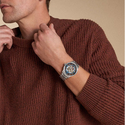 Fossil Townsman Men's Skeleton Blue Dial & Silver Chain Watch