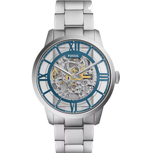 Fossil Townsman Men's Skeleton Blue Dial & Silver Chain Watch