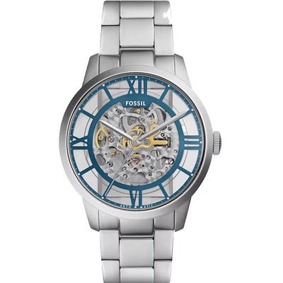 Fossil Townsman Men's Skeleton Blue Dial & Silver Chain Watch