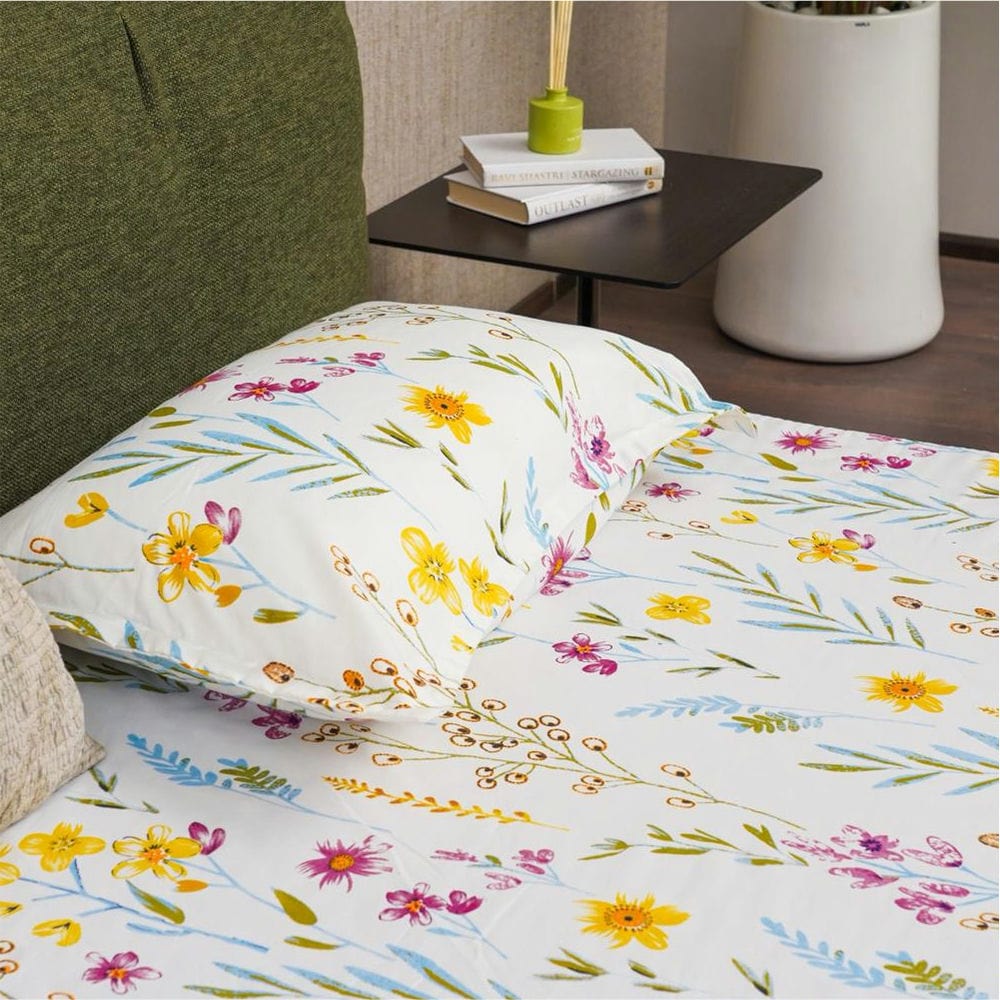 Serene Collection - Breathable 200 TC 100% Pure Cotton Single Bedsheet with Pillow Cover, France- Yellow