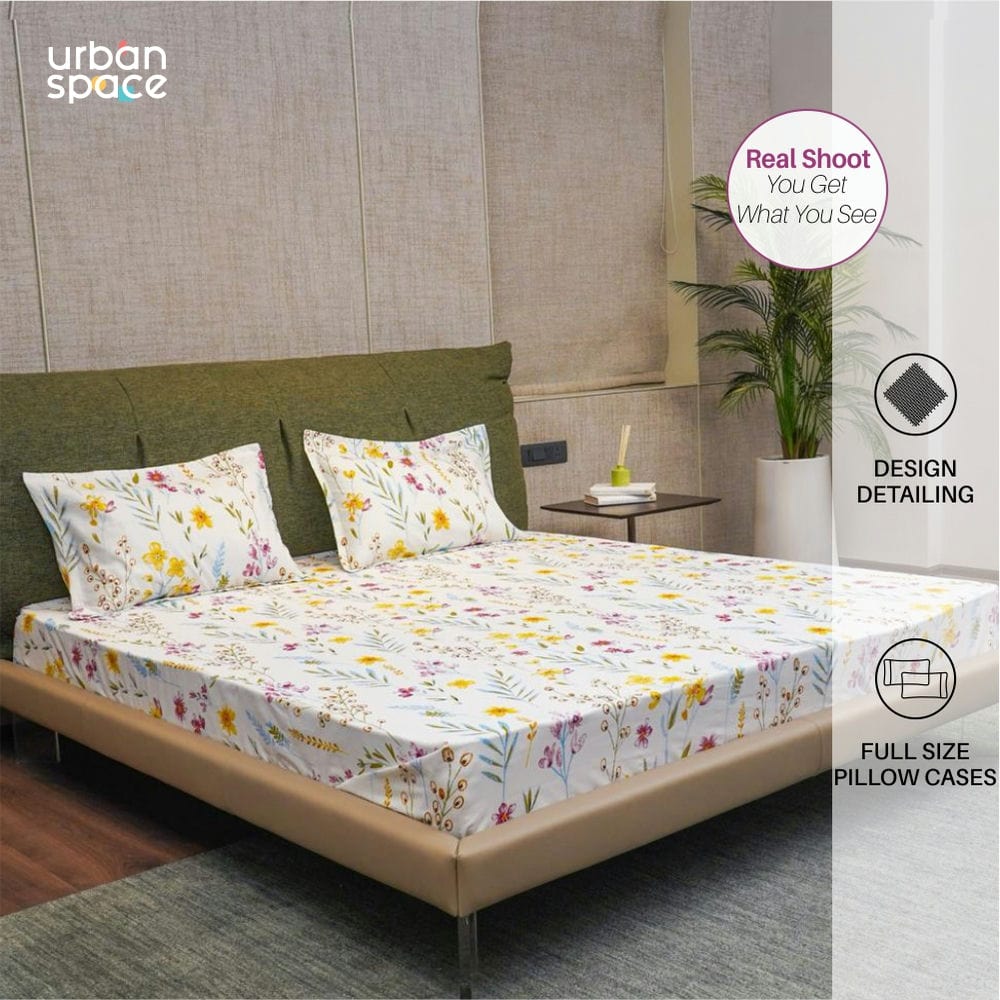Serene Collection - Breathable 200 TC 100% Pure Cotton Single Bedsheet with Pillow Cover, France- Yellow