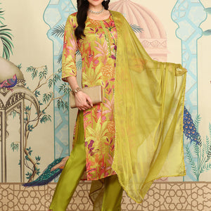 Yellow Floral Printed Straight Kurta With Trousers & Dupatta