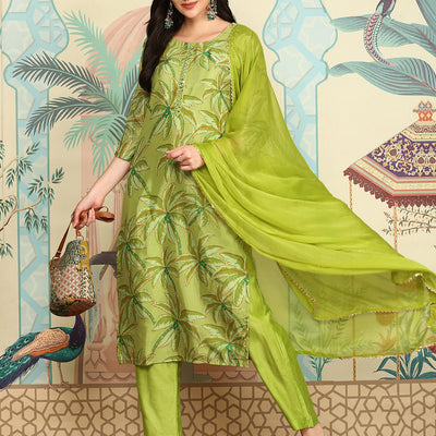 Floral Printed Regular Three-Quarter Sleeves Kurta with Trousers & With Dupatta