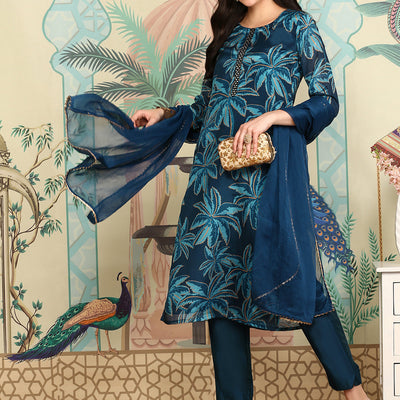 Navy Blue Floral Printed Beads And Stones Straight Kurta With Trousers & Dupatta