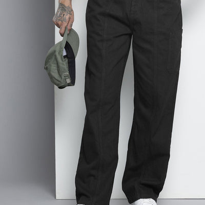Men's Black Wide Leg Solid Jeans