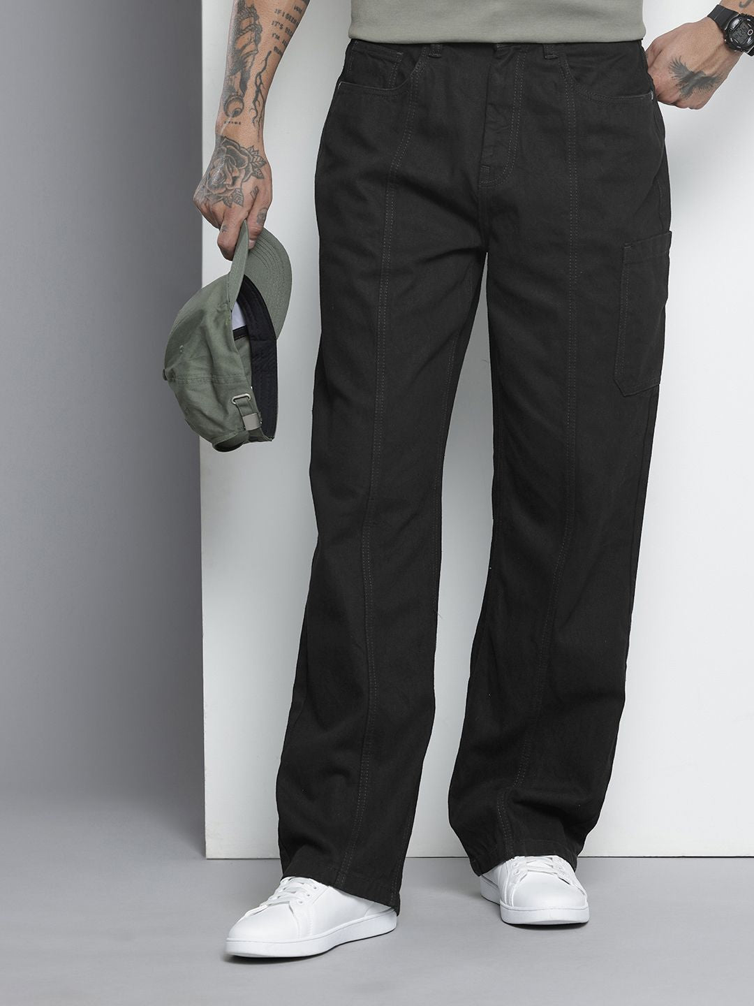 Men's Black Wide Leg Solid Jeans