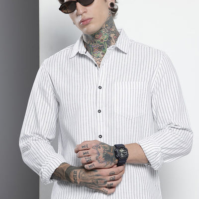 Men's White Slim Fit Striped Casual Shirt