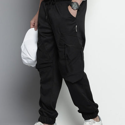 Men's Black Relaxed Fit Textured Cargo Joggers