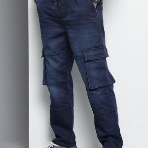 Men's Blue Relaxed Fit Solid Denim Joggers