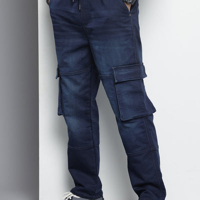 Men's Blue Relaxed Fit Solid Denim Joggers