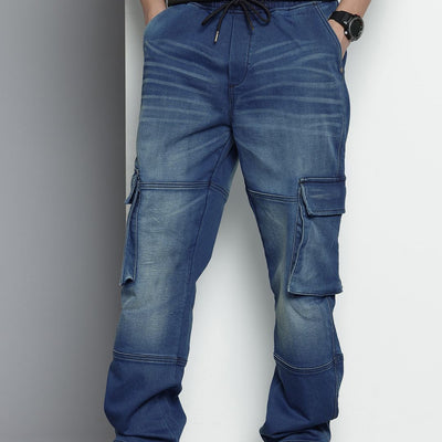 Men's Blue Relaxed Fit Solid Stretchable Denim Cargo Joggers