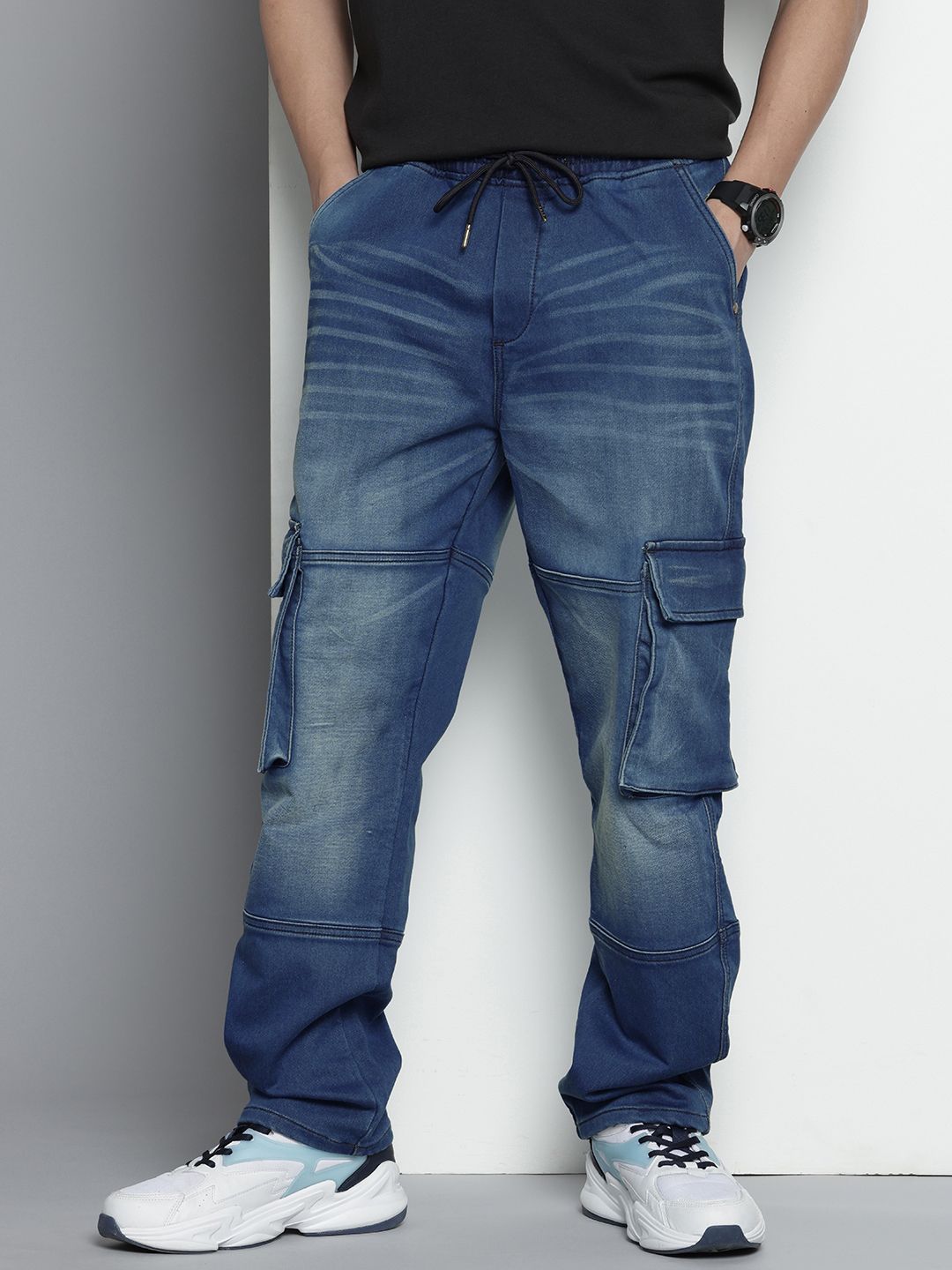 Men's Blue Relaxed Fit Solid Stretchable Denim Cargo Joggers
