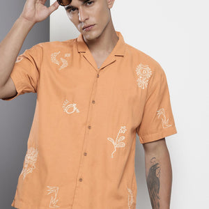 Men's Yellow Relaxed Fit Printed Resort Wear Shirt