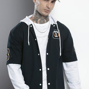 Men's Navy Blue Regular Fit Graphic Print Street Wear Overshirt