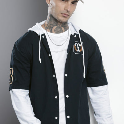 Men's Navy Blue Regular Fit Graphic Print Street Wear Overshirt