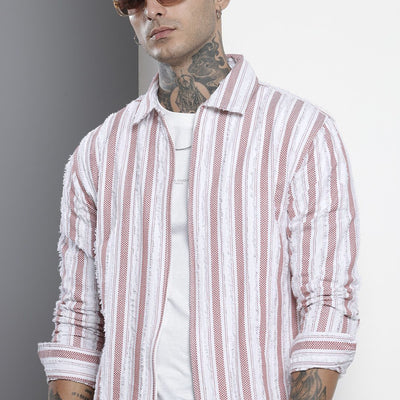 Men's Maroon Relaxed Fit Striped Resort Wear Shirt