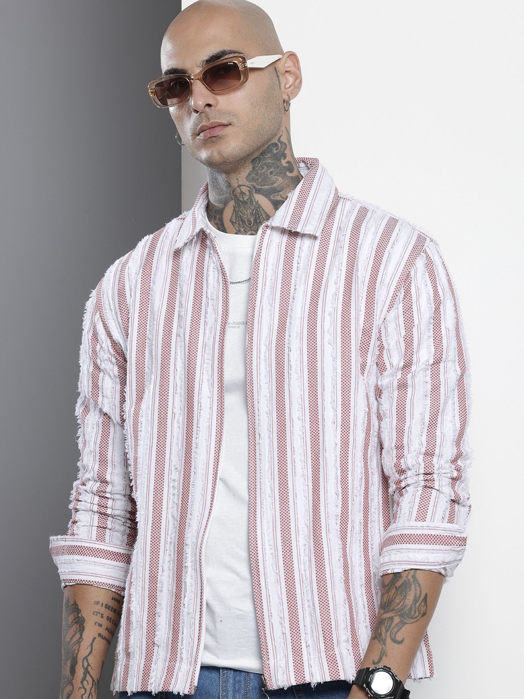 Men's Maroon Relaxed Fit Striped Resort Wear Shirt