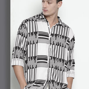 Men's Black Relaxed Fit Geometric Print Resort Wear Shirt