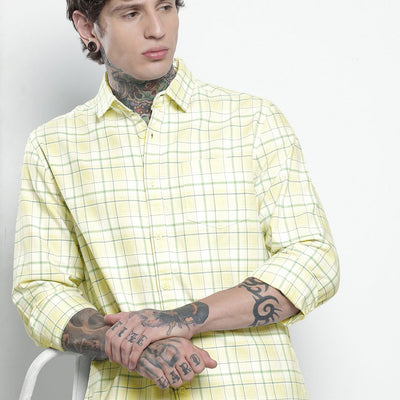 Men's Yellow Slim Fit Checked Casual Shirt