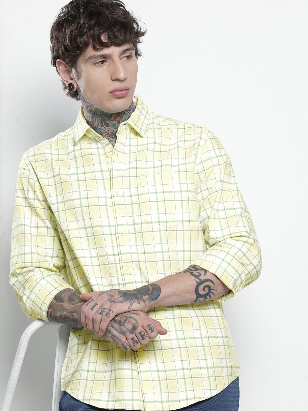 Men's Yellow Slim Fit Checked Casual Shirt