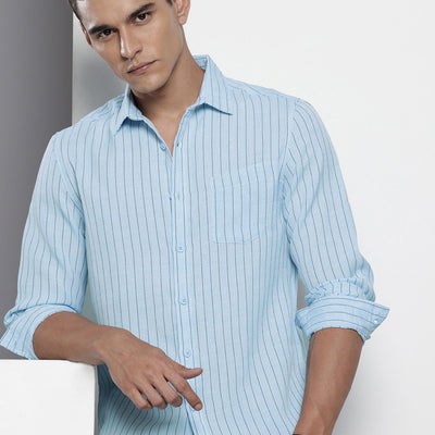 Men's Blue Slim Fit Striped Casual Shirt