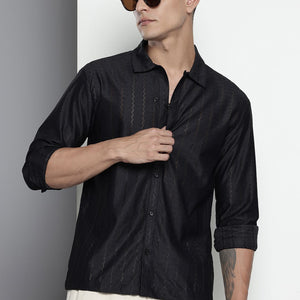 Men's Black Relaxed Fit Textured Resort Wear Shirt