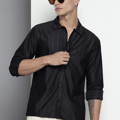 Men's Black Relaxed Fit Textured Resort Wear Shirt