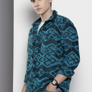 Men's Blue Relaxed Fit Textured Resort Wear Shirt