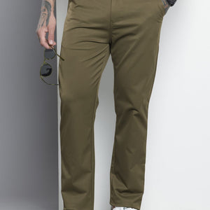Men's Olive Regular Fit Solid Trousers