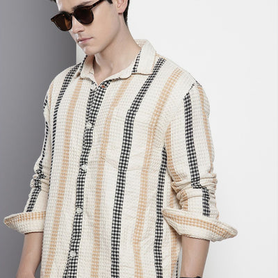 Men's Cream Relaxed Fit Textured Casual Shirt