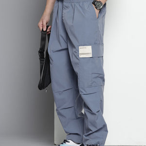 Men's Blue Loose Fit Textured Cargos