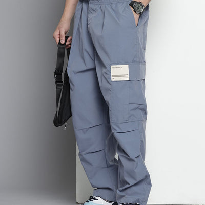 Men's Blue Loose Fit Textured Cargos