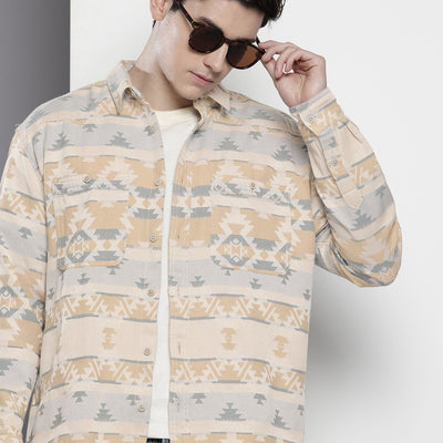 Men's Beige Relaxed Fit Textured Resort Wear Shirt